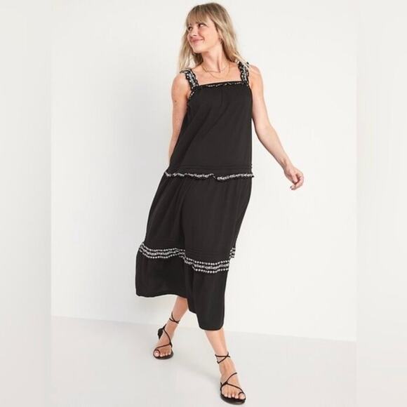 Old Navy Sleeveless Ruffle-Neck Tiered Midi Swing Dress Size L Pockets Travel - Picture 1 of 9